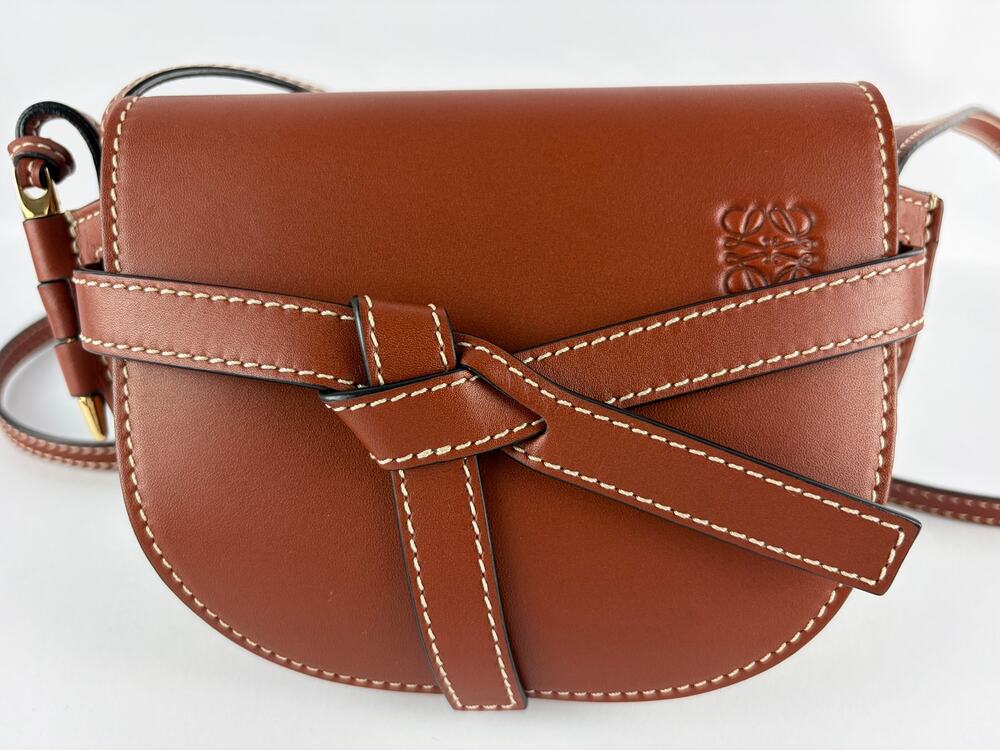 LOEWE Gate Mini Tan Calfskin Knotted Belt Crossbody Saddle Bag Gold Hardware